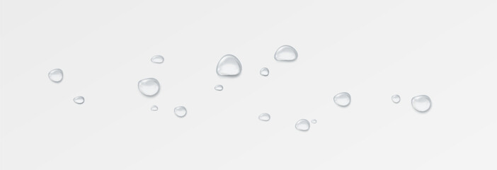 Realistic water drops on a transparent background, condensation on the surface with light reflection and shadow, vector, png, 3D effect.	
