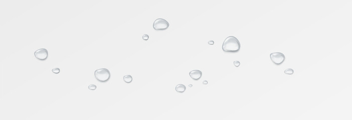 Realistic water drops on a transparent background, condensation on the surface with light reflection and shadow, vector, png, 3D effect.	
