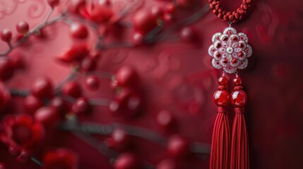 Obraz premium Beautiful Red Chinese Knot Ornament Hanging From Cherry Blossom Branches