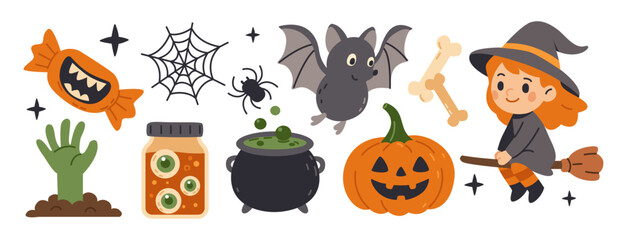 Halloween set of canned eyeballs, bat, magic potion, witch, candy with teeth, zombie hand, pumpkin, spider, spider web. For children’s products, party invitations, scrapbooking, prints, merchandise