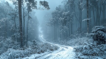 Snow-covered forest path surrounded by tall winter trees with frosty branches under a soft misty sky during a cold winter day