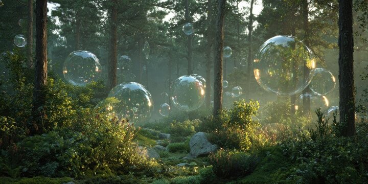 Ethereal photorealistic forest scene with floating glass orbs and gentle fog, golden hour lighting, lush green palette