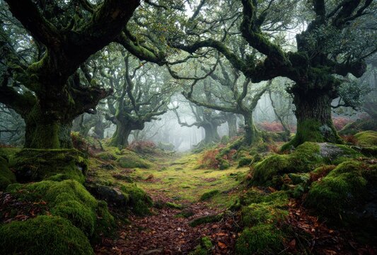 Mystical forest path winds through old-growth trees, moss covered rocks and ground in misty, atmospheric lighting creating an ethereal scene