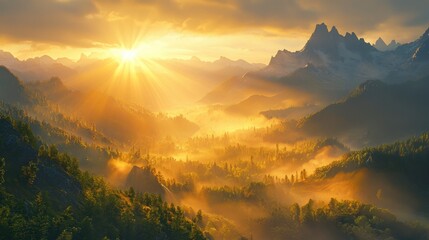 Sunrise over Misty Mountain Range with Illuminated Forests and Snow-Capped Peaks in a Vibrant Nature Scene
