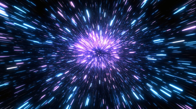 Blue and purple warp speed starburst, light trails rushing to a bright core, clean 4K loop for VJ, ads, and tech intros