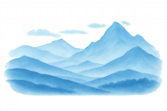 Soft watercolor depicting peaceful blue mountain silhouette, floating wispy clouds against luminous transparent backdrop creating serene artistic landscape