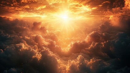 Vivid sunset sky with glowing orange and golden clouds and radiant sunlight piercing through the horizon, creating a dramatic and awe-inspiring celestial scene