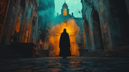 Mystical female figure in dark cloak standing in ancient cathedral at dusk with glowing orange light and fog surrounding gothic architecture and towering spires