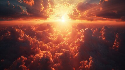 Majestic sunrise illuminating vibrant orange and red clouds with golden sunlight breaking through, creating a breathtaking sky scene filled with warmth and natural beauty