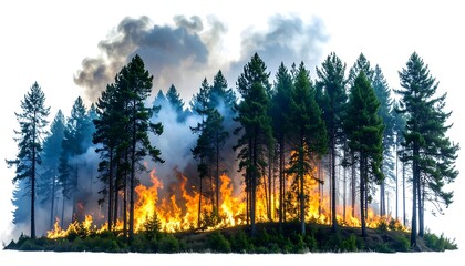 Obraz premium Forest fire engulfs a pine tree stand