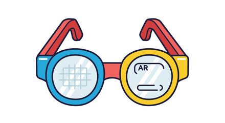 Colorful cartoon smart glasses icon with an augmented reality AR display interface.