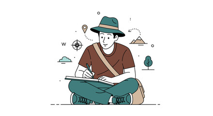Creative Traveler Sitting And Writing His Expedition Journal With Adventure Symbols