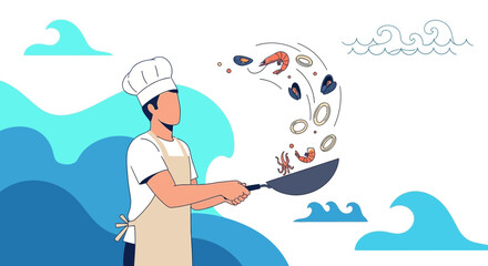 Culinary Artisan Crafting Fresh Seafood Dishes Amongst the Dynamic Ocean Waves