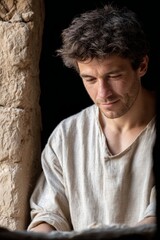 Obraz premium Vertical portrait of middle-aged man in linen shirt inside fortress walls, cinematic soft light, artisan roleplay, copy space
