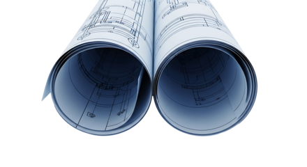 Rolled architectural blueprints, showcasing detailed technical drawings against a stark black background.