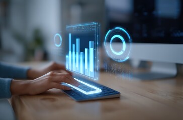 Hands on a keyboard overlayed with blue data graphs. A monitor is blurred in the background. The scene is set on a light wooden desk surface