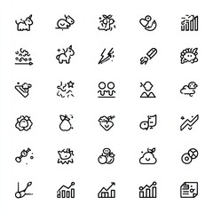 A collection of simple, monochrome line-art icons depicting diverse concepts, including animals, weather, charts, fruits, and abstract symbols