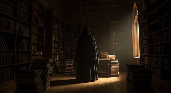 A hooded figure stands ominously in a dimly lit library surrounded by towering bookshelves and stacks of books