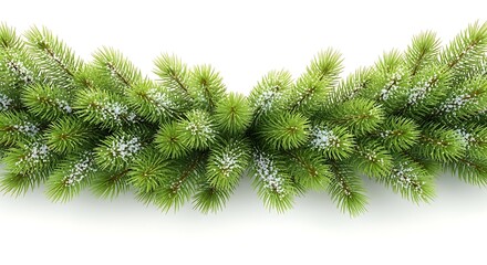 Closeup of a green fir tree branch with a dusting of snow isolated on white background