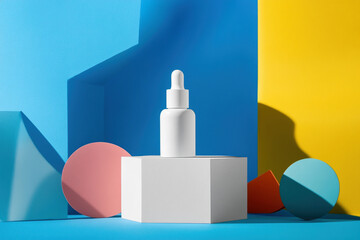 Minimalist dropper serum bottle on geometric white pedestal with blue and yellow abstract shapes, modern skin care product concept.