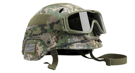 A military helmet and goggles in a camouflage pattern, with an American flag patch, presented against a black backdrop.