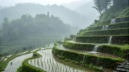 Rain-drenched Rice Terraces – Water cascading down flooded terraces as more rain falls.
