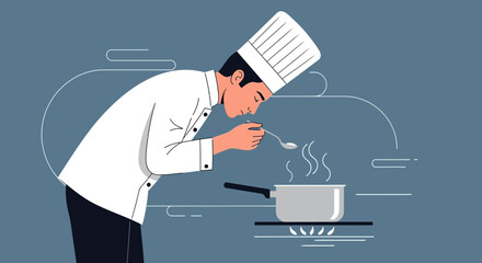 Culinary Expertise: Chef Inspecting a Delicious Dish in Whimsical Illustration Style