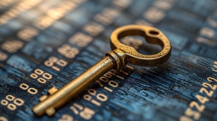 A vintage golden key rests on a dark background with glowing binary code patterns symbolizing digital access and technological solutions