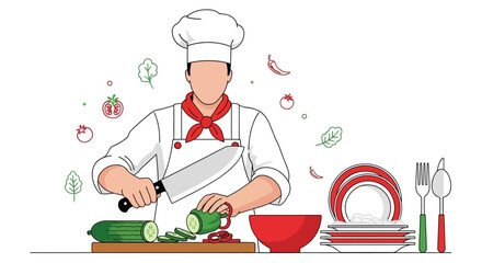 Culinary Illustration Featuring Chef Slicing Fresh Vegetables for Delicious Food Prep