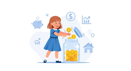 Young Girl Saving Money Into Jar While Planning For Future Investments And Growth