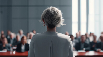 Fototapeta premium Visionary Leadership: A resolute individual, viewed from the rear, commands attention in a modern meeting, their figure silhouetted against a sea of faces; inspiring focus.