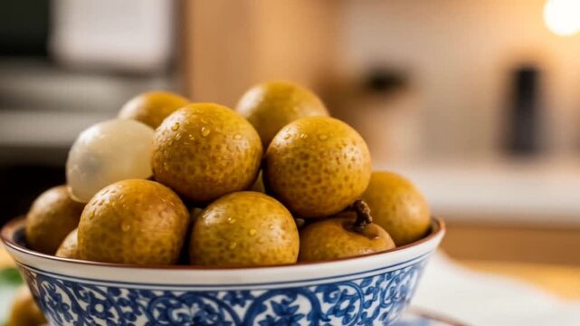 A ceramic bowl filled with fresh longan fruits, with one peeled fruit showing its translucent flesh, set against a blurred indoor background.