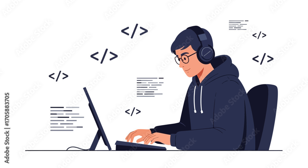Wall mural young man coding on computer with headphones, illustrating technology and programming