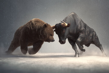 A dramatic clash between a powerful brown bear and a charging black bull, symbolizing market forces. Intense standoff in a snowy environment.