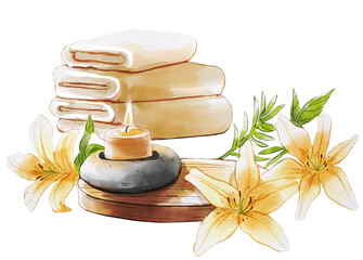 Spa Relaxation Watercolor Clipart with Towels, Candle and Lilies