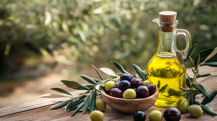 Delicious olive oil and fresh olives create a rustic atmosphere on a wooden table surrounded by verdant olive trees