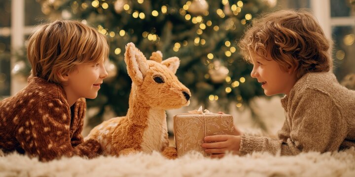 Two smiling children in warm sweaters lying on the carpet near Christmas tree, holding a wrapped present and a plush reindeer toy in a festive holiday atmosphere. - Powered by Adobe