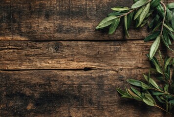 Textured brown wooden planks frame fresh green leafy branches, offering a natural rustic backdrop with a sense of organic freshness