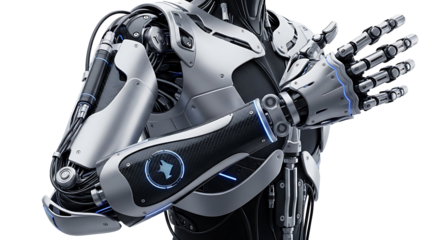 Close-up of a highly detailed, metallic robot arm and hand, showcasing intricate mechanical components and futuristic design elements against a stark black background.