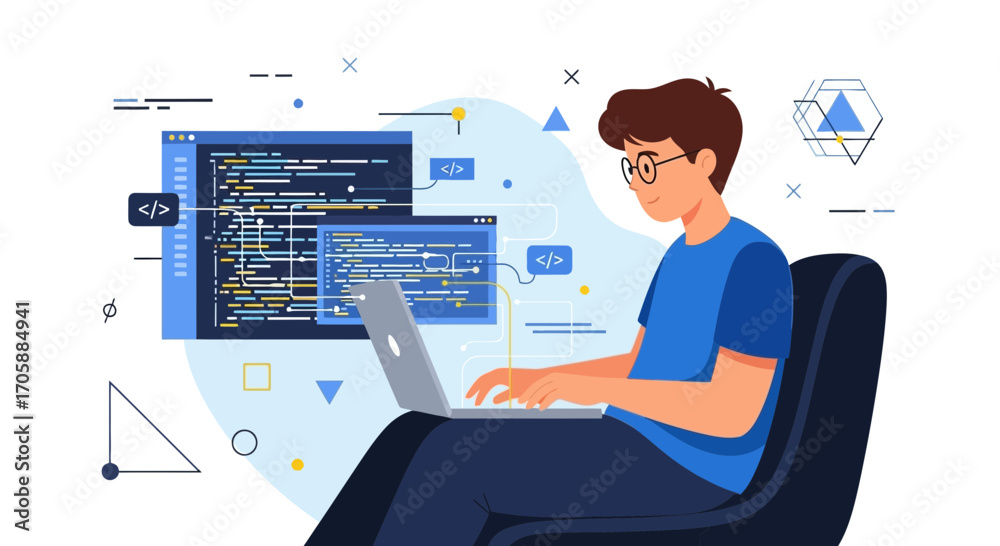 Wall mural young person concentrating on coding and programming on a laptop in modern style