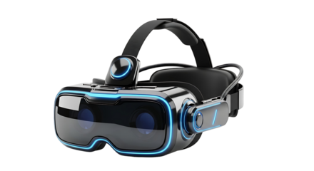 Modern virtual reality headset highlighted by vibrant blue accents against a stark black backdrop.