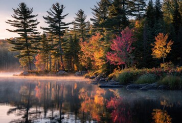 Serene lake reflects vibrant fall foliage beneath tall pines, veiled by soft morning mist under a gentle dawn sky, creating a tranquil scene