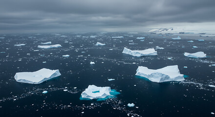 An aerial view of beautiful blue icebergs floating in the dark arctic ocean, a stunning and powerful image of climate change.