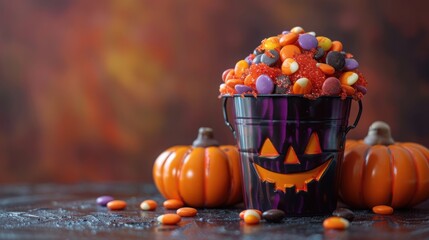 Festive Halloween Bucket Overflowing With Candy and Decorations