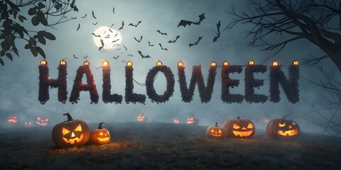 Halloween Night with Glowing Pumpkins, Full Moon, and Flying Bats – 3D Illustration
