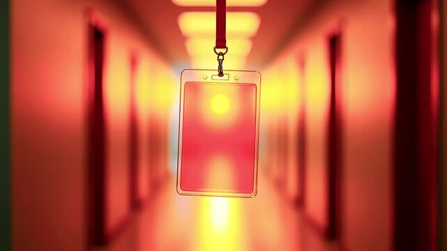 Lanyard ID badge hanging in a brightly lit corridor, creating a warm atmosphere