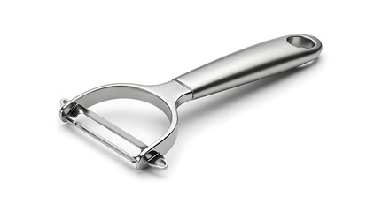 Shiny Stainless Steel Vegetable Peeler Isolated on White Background, Kitchen Utensil for Food Preparation, Modern Cooking Tool, Sharp Blade for