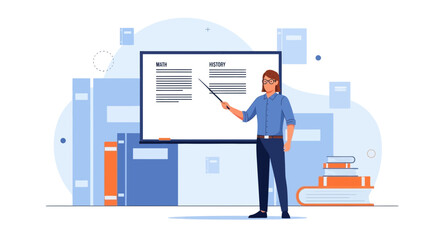 Dedicated Educator Teaching Math And History With Presentation Board In Classroom Setting
