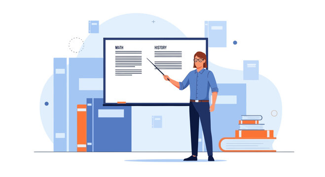 Dedicated Educator Teaching Math And History With Presentation Board In Classroom Setting