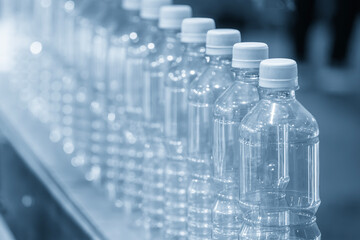 The  empty drinking water bottles  on the  conveyor belt for filling process in the blue scene.
